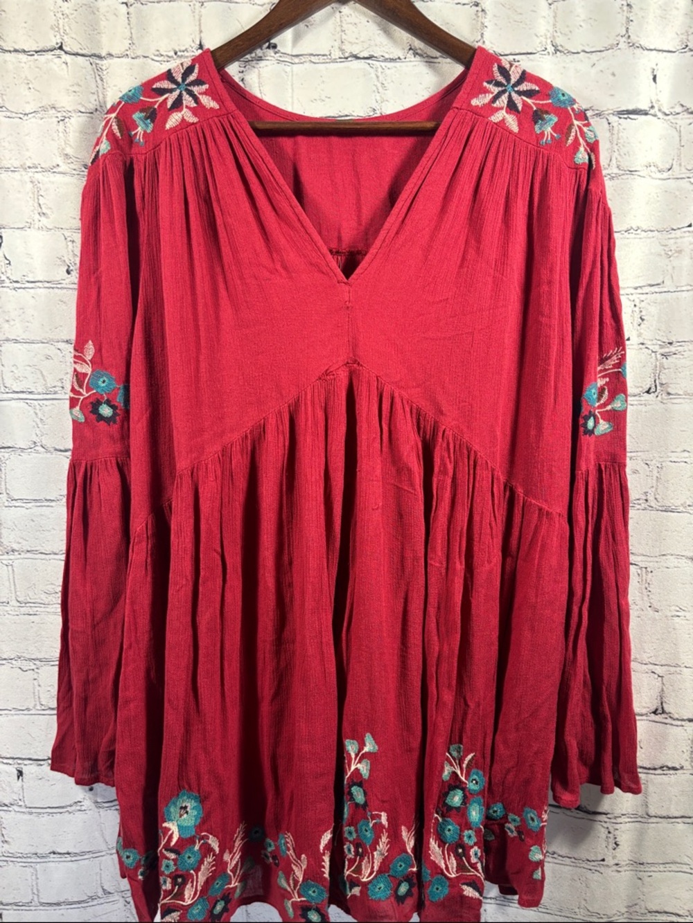 Free People Coral-Red Embroidered Boho Peasant Tunic
